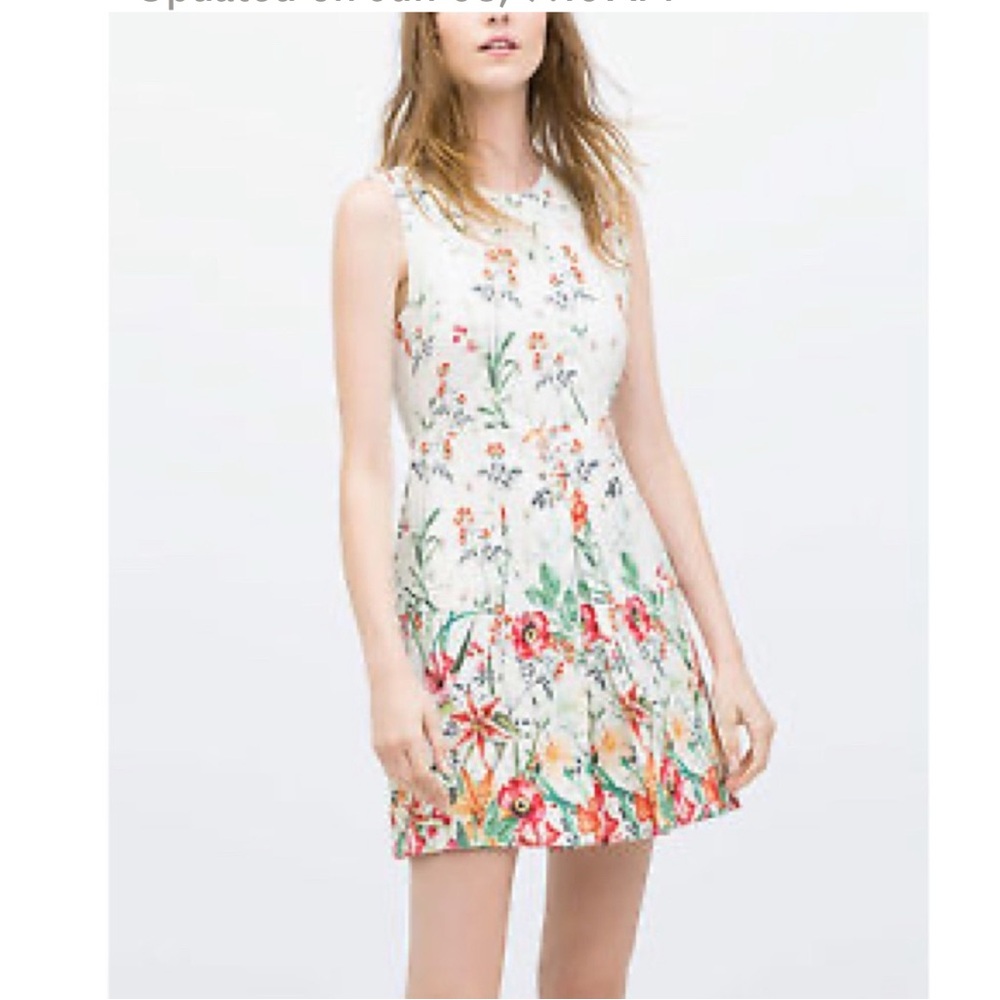 Zara pleated sleeveless cream floral print dress size small